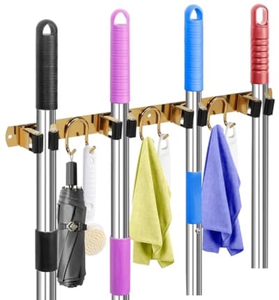 Mop en Bezem Houder Wandmontage - Roestvrij Staal Organizer met 4 Slots en 6 Haken