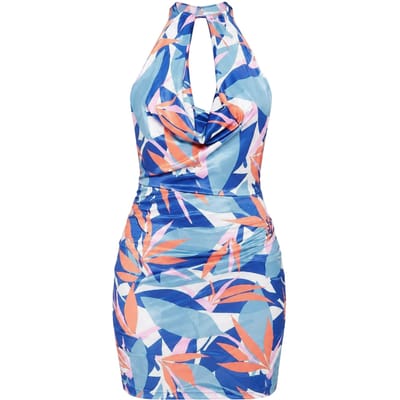 Missy Empire Dames Slinky Abstract Halternek Mini Jurk (Blauw/Multikleur)