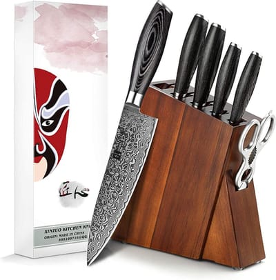 Luxe en Professionele 7-delige Keukenmessen-set van Damascus Staal (67 lagen, VG10) en Pakka-houten handgrepen - incl. Acaciahouten Messenblok - B20 Ya