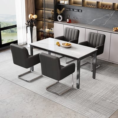 Eetkamerstoelen - 4 Stuks - Gestreepte Lounge Stoelen - Gepolsterd + Modern - Kunstleer - Zwart