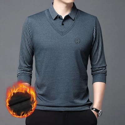 Winter Nieuwe Stijl Plus Fleece Fake Twee Heren Warme Top Middenleeftijd Revers Gestreept Papa Jas Basis 190-4XL black