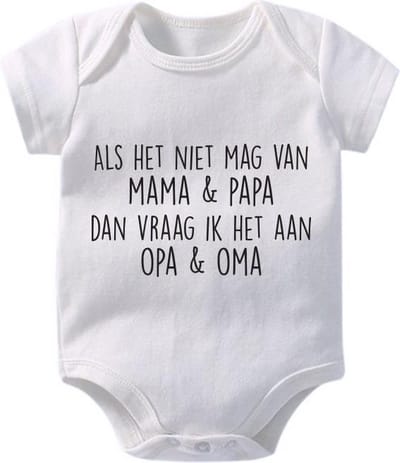 Hospitrix Baby Rompertje met Tekst Als het niet mag van mama & papa dan vraag ik het aan oma & opa | Maat S | 0-3 maanden | 50/56 | Korte Mouw | Cadeau voor Zwangerschap | Bekendmaking | Aankondiging | Aanstaande Moeder | Moederdag