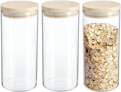 3x stuks voorraadbussen/voorraadpotten 1,3L glas met houten deksel - 1300 ml - Voorraadpotten met luchtdichte deksel