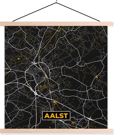 Posterhanger incl. Poster 40x40 cm - Schoolplaat - Aalst - Plattegrond - Kaart - Goud - Stadskaart - Textielposter - Blanke latten - Stadskaart
