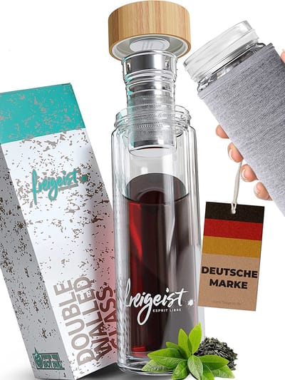 freiist theefles met zeef, 500 ml, dubbelwandig, geïsoleerd, glazen fles met infuser, met filter, theekopje to-go, met bamboe deksel