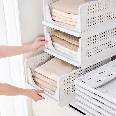 Famanu - Stapelbare Kast Organizer Opbergdoos Set 3 stuks, opvouwbare plastic lade opbergsystemen voor slaapkamer, keuken en badkamer, wit