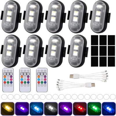 SnelShoppen - Draadloze LED Lichten 9 Stuks met Afstandsbediening, 8 Kleuren Strobe Lichten voor Drone en Scooter, LED Flitser voor Feesten, Camping e