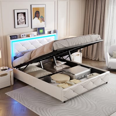 140x200cm Hydraulisch Tweepersoonsbed Met Kristallen Knop Hoofdbord, LED-Hoofdbordverlichting, USB-Poort En Opbergruimte Onder Het Bed, Wit