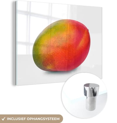 ® Glasschilderij 160x120 cm - Schilderij acrylglas - Groene en oranje mango op witte achtergrond - Foto op glas - Muurdecoratie woonkamer - Wanddecoratie slaapkamer - Schilderijen
