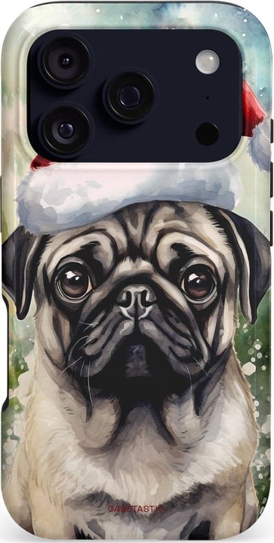 Casetastic hoesje geschikt voor Apple iPhone 17 Pro - MagSafe - Dubbellaagse bescherming - Aquarel Kerstmis Pug Hond - Fashion Case - Grijs Taupe Donkergrijs Saliegroen