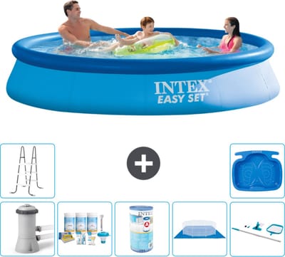 Intex Rond Opblaasbaar Easy Set Zwembad - 366 x 76 cm - Blauw - Inclusief Pomp - Onderhoudspakket - Filter - Grondzeil - Schoonmaakset - Ladder - Voetenbad - 8-delig