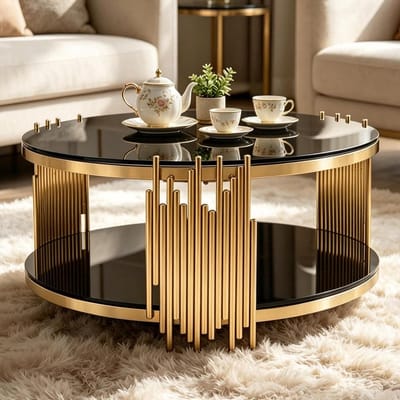 Glazen bijzettafel - Moderne salontafel - Woonkamer decoratie - Twee opbergniveaus - 80 cm diameter - Goud