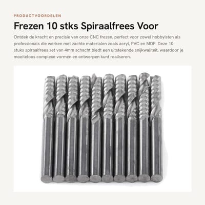 Dailygoods- Spiraalfrees 10 Stuks - CNC Frezen - 4mm Schacht - Enkele Fluit - Snijden Acryl/PVC/MDF - Tungsten Carbide