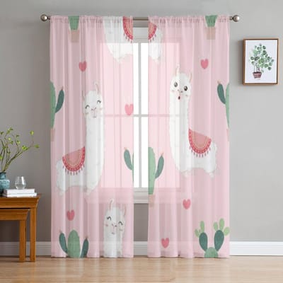 Alpaca's En Cactus Cartoon Roze Tule Transparante Gordijnen voor Woonkamer de Kamer Slaapkamer Keuken Decoratie Voile Organza Gordijnen 135W x 114H(cm)