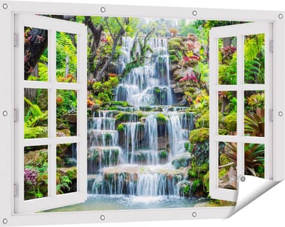 Gards Tuinposter Doorkijk Tropische Waterval in Thailand - 120x80 cm - Tuindoek - Tuindecoratie - Wanddecoratie buiten - Tuinschilderij