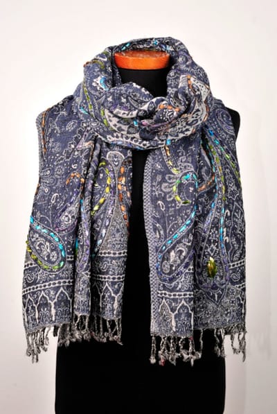Wollen geborduurde sjaal en omslagdoek Jeans, Merino wol, 72 * 190 cm