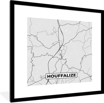 Fotolijst incl. Poster Zwart Wit- Zwart Wit – België – Plattegrond – Stadskaart – Kaart – Houffalize - 40x40 cm - Posterlijst