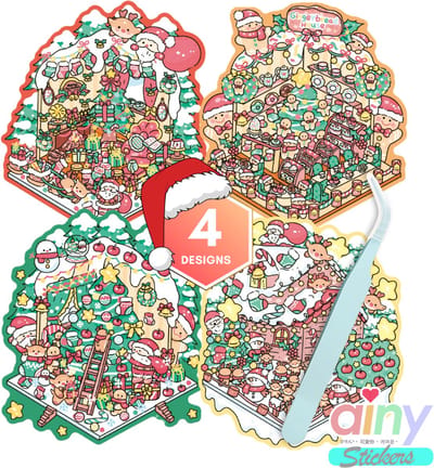 Ainy - Scene 3D Sticker Set Kerst | Inclusief Pincet | Set van 4 Achtergronden 13*14cm met PET Stickers | Kat & Vrienden miniatuur stickerboek | Creatief & Rustgevend vakantieboek | Stickervellen voor volwassenen en kinderen