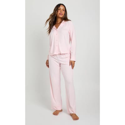 boohoo Dames Pyjamaset met softtouch overhemd met doorlopende knoop en broek | Light Pink | Maat: 6