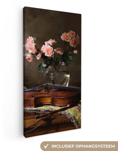 Canvas schilderij 20x40 cm - Wanddecoratie Viool - Rozen - Roze - Bloemen - Stilleven - Muurdecoratie woonkamer - Slaapkamer decoratie - Kamer accessoires - Schilderijen op canvas