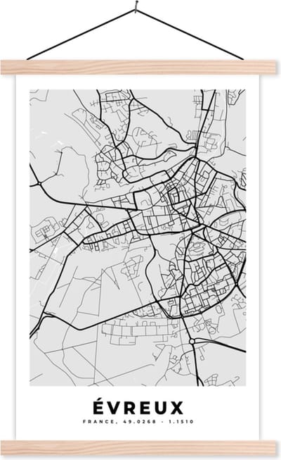 Posterhanger incl. Poster 40x60 cm - Schoolplaat - Stadskaart – Frankrijk – Kaart – Évreux – Plattegrond - Textielposter - Blanke latten - Stadskaart