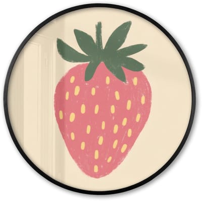 Poster in lijst Rond - Fotolijst 60x60 cm - Posters - Aardbei - Minimalistisch - Rood - Fruit - Ronde posterlijst zwart - Decoratie - Wanddecoratie woonkamer - Muurdecoratie slaapkamer