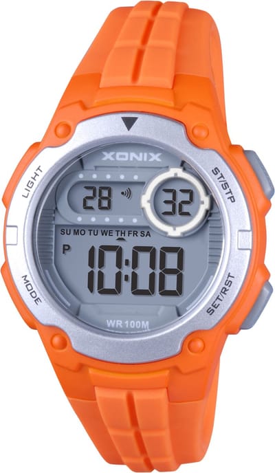 Xonix BAJ-A01A - Horloge - Polshorloge - Digitaal - Volwassenen - Tiener - Unisex - Rond - Siliconen band - ABS - Cijfers - Schermverlichting - Alarm - Datumaanduiding - Kalender - Start-Stop - Tweede tijdzone - 12h/24H - Chronograaf - Oranje - Grijs