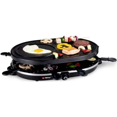 alpina Gourmetstel 8 Personen - Gourmetset - Bakplaat met Pannetjes en Spatels - Raclette Grill voor Gourmetten - 1200W
