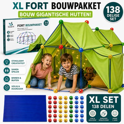 SwanX® Fort Bouwpakket XL - Hutten Bouwen voor Kinderen - 138-delige Fort Bouwset met 2 Tent Zeilen - Speeltent Jongens en Meisjes - Creatief & Educatief Bouw Speelgoed - Peuter & Kleuter - Cadeau vanaf 3 Jaar