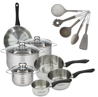 Set 1 pan 20 cm, 3 steelpannen 12 16 20 cm, 3 braadpannen 16, 20 en 24 cm in roestvrij staal en 5 keukengerei Fackelmann Geneva
