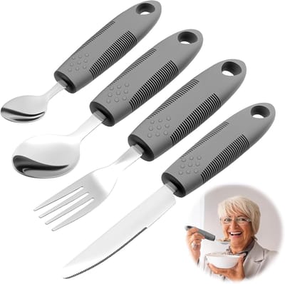 Aangepast Bestek - 4 stuks - Ergonomisch - Comfortabel Bestek - Dik handvat - Aangepast bestek met brede handvatten voor ouderen - Ideaal Eethulpmiddel - Voor Parkinson, Ouderen & Krachtverlies - Grijs
