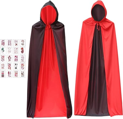 Zwart Rood Halloween Kostuum met Kap voor Vampiers - Middeleeuwse Cape van 90 cm en 20 Bladen Tijdelijke Waterdichte Stickers voor Carnaval en Cosplay