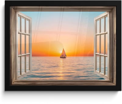 Poster in lijst - Fotolijst 40x30 cm - Posters - Doorkijk - Zee - Boot - Zonsondergang - Posterlijst zwart - Decoratie - Wanddecoratie woonkamer - Muurdecoratie slaapkamer