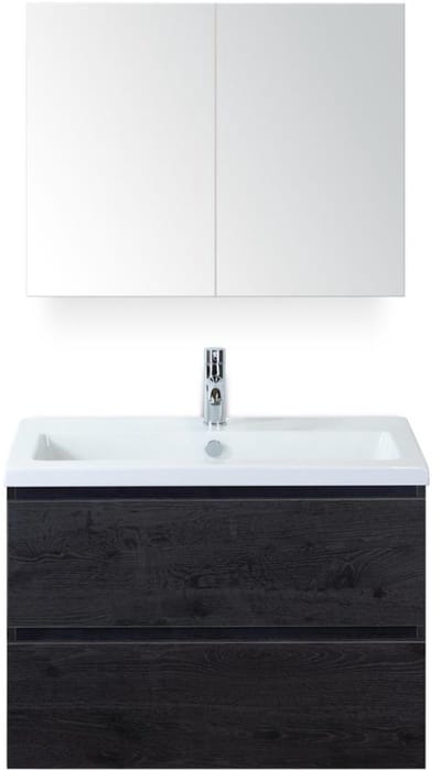 Vogue Badmeubelset 80 cm - Greeplijst in Kleur - Black Oak - Keramische Wastafel Wit 1 Kraangat met Spiegelkast