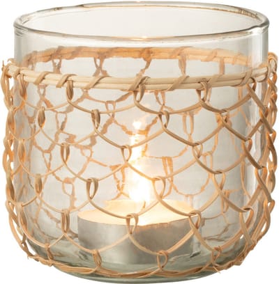 J-Line windlicht Breiwerk - glas/riet - transparant - medium
