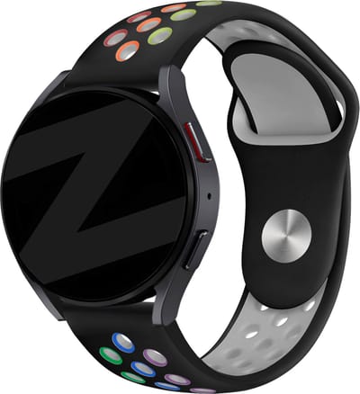 Bandz universeel 20mm sport band 'Deluxe' geschikt voor Samsung Galaxy Watch 4 / 5 / 6 / 7 (40 & 44mm) / Active (2) / Watch 1 42mm / Watch 3 41mm / Watch FE / Gear Sport / Polar Ignite 1-2-3 / Pacer - siliconen - zwart & regenboog