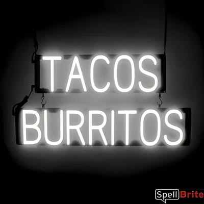 TACOS BURRITOS - Lichtreclame Neon LED bord verlicht | SpellBrite | 74 x 38 cm | 6 Dimstanden - 8 Lichtanimaties | Reclamebord neon verlichting