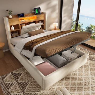 Pugsdrly Gestoffeerd bed 90x200 cm met hydraulische bedbak & LED-verlichting, bedframe met USB/Type-C-oplaadfunctie, hoofdeinde met plank & opbergruimte, linnenstof, beige (zonder matras)