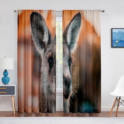 Kangaroo Beach Dieren Gordijnen met Transparante Inzet voor Slaapkamer Draperieën Huisdecoratie Tule Gordijnen voor Woonkamer Chiffon Gordijn 1 PCS W100XH250cm&Grommet Top
