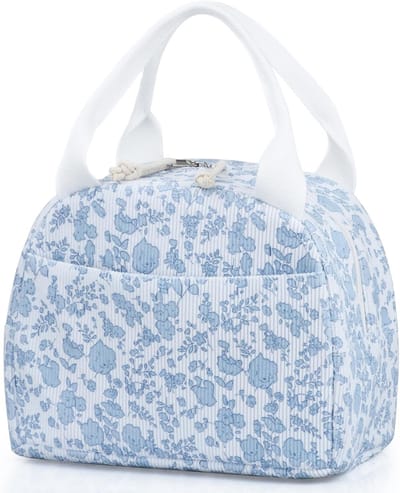 Lunchtas - Geïsoleerde lunchbox voor vrouwen, herbruikbare koeltas met grote capaciteit voor volwassenen, kleine lekvrije, schattige corduroy lunchtas voor werk, kantoor, reizen en picknick (corduroy blauwe bloem)