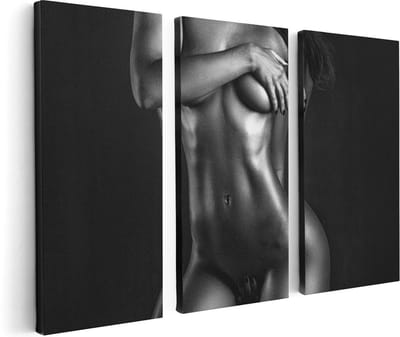 Artaza Canvas Schilderij Drieluik Naakte Vrouwen Lichaam - Erotiek - Zwart Wit - 120x80 cm - Wanddecoratie Woonkamer - Schilderijen - Muurdecoratie