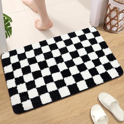 badmat, badkamertapijt, Marokkaans schaakbordtapijt, antislip, deurmat, badtapijt, zachte microvezel-machine wasbare vloermatten voor bad (zwart, 50 x 80 cm)