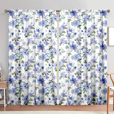 2 stuks Eenvoudig en Elegant Blauw Retro Bloemenpatroon Gedrukt Gordijn voor Huisdecoratie - Tunnel voor Roede Raambekleding voor Slaapkamer 52.5cmX116cm X 2pcs gray
