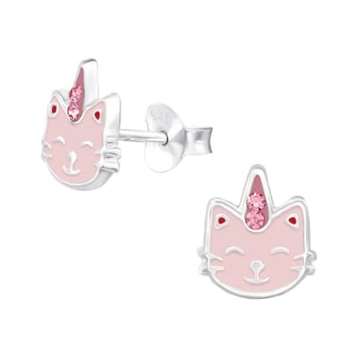 Aramat Jewels | Oorbellen | Zilveren Poezen Oorstekers – Meisje -925 Zilver | Roze-9x8mm | |8mm | Zilver | Kinderen, Volwassenen | Verkleurd niet