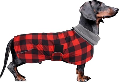 Waterdichte Dachshund Jassen voor de Winter - Verstelbare Fleece Puppy Snowsuit met Reflecterende Strepen, Geschikt voor Teckels en Kleine Honden - Rood Geruit - Maat S