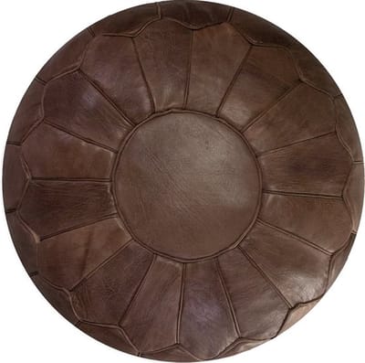Marokkaanse Handgemaakte Poef XL - Chocoladebruin- Leer - 60Ø - H 35cm - Gevuld geleverd - Ottoman