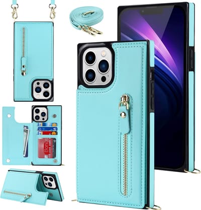 Casemania Hoesje Geschikt voor Apple iPhone 14 Pro - Turquoise - Luxe Back Cover met Koord & Rits - Wallet Case met Pasjeshouder - Lanyard Telefoonhoes - Cord Case