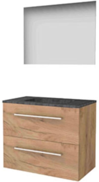 Basic-Line Ultimate 46 Badkamermeubelset - 80 x 46 cm - Met Grepen - 2 Lades - Hardstenen Wastafel - 1 Kraangat - Spiegel met Indirecte LED Verlichting - Whisky Oak