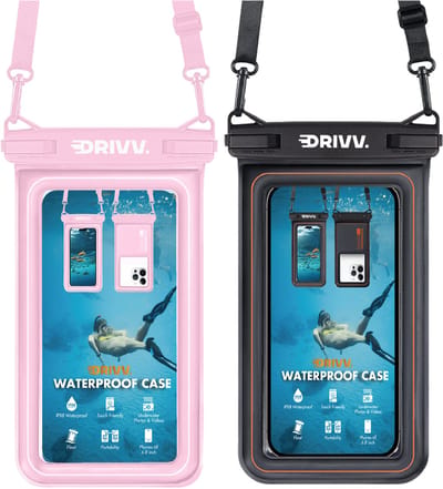 Drivv. Luxe Waterdicht Telefoonhoesje - Set van 2 – Drijvend - Dubbele Klipsluiting - Telefoons tot 6.8 inch – Onderwater Hoesje Telefoon - Zwart & Roze