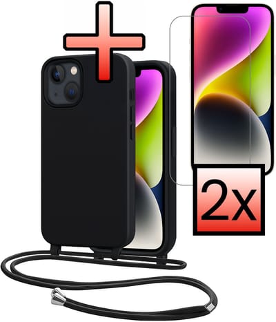Hoes Geschikt voor iPhone 13 Mini Met Telefoonkoord Met 2x Screenprotector - Siliconen Hoesje Backcover Met Ketting - Zwart